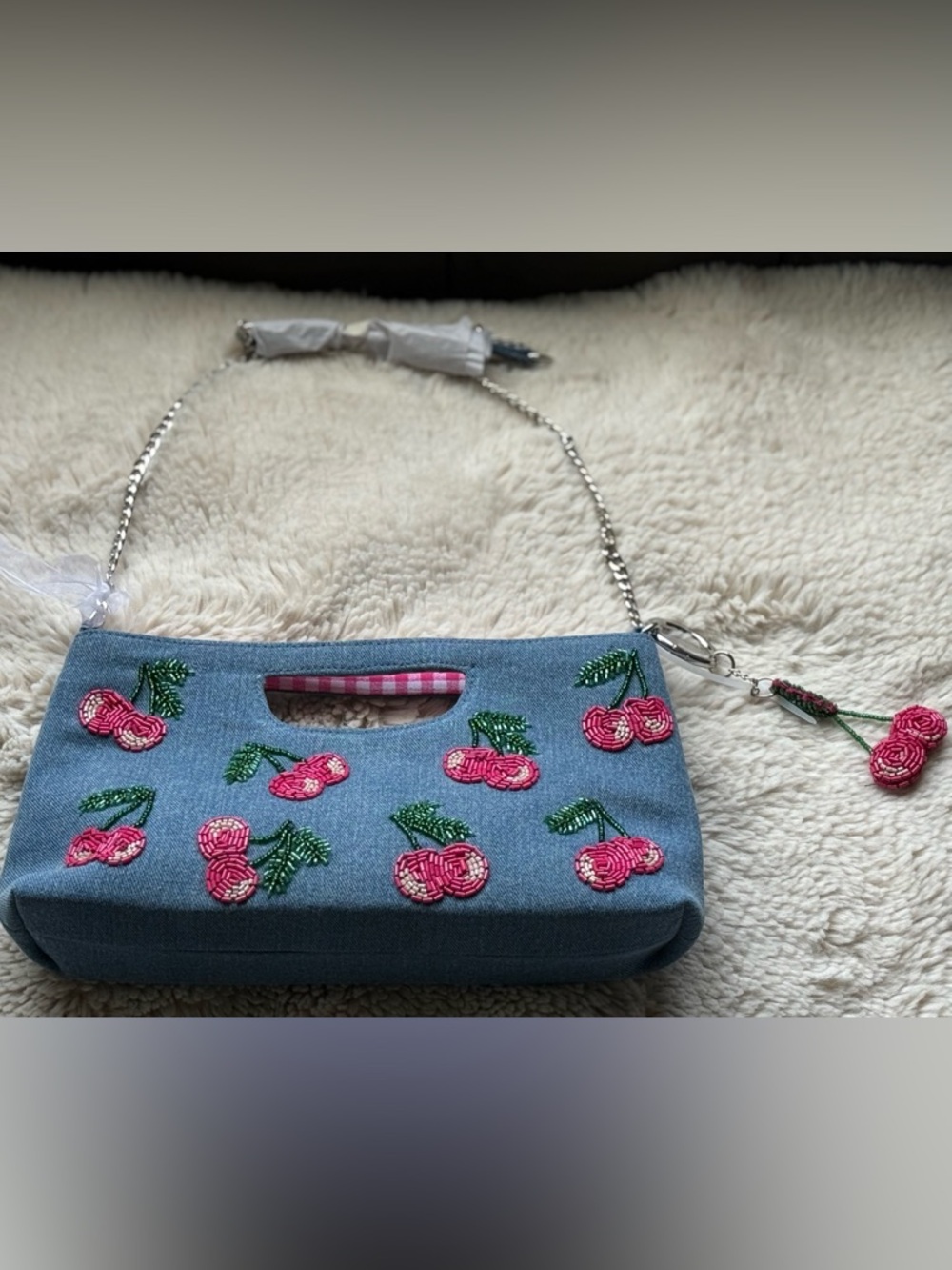 Embroidered Cherry Denim Clutch Bag with Chain Strap